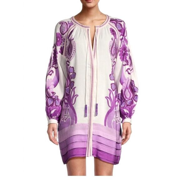 NEW FARM Rio Color Festival Cream Cover-Up Mini Dress Beaded Tassels Size L - Picture 4 of 15